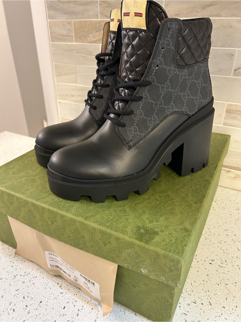 Gucci GG Supreme Apollo Platform Combat Ankle Boots Black EU 40+